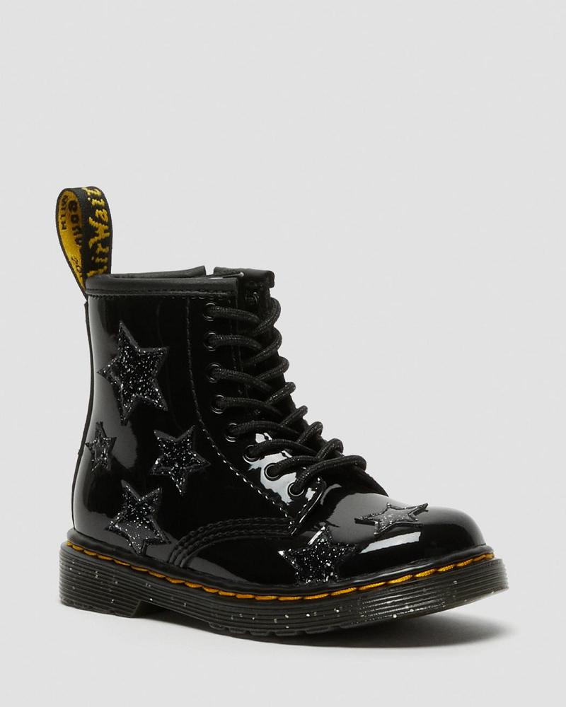 Dr Martens Toddler 1460 Glitter Star Lak Snørestøvler Børn Sort | DK 694XYU